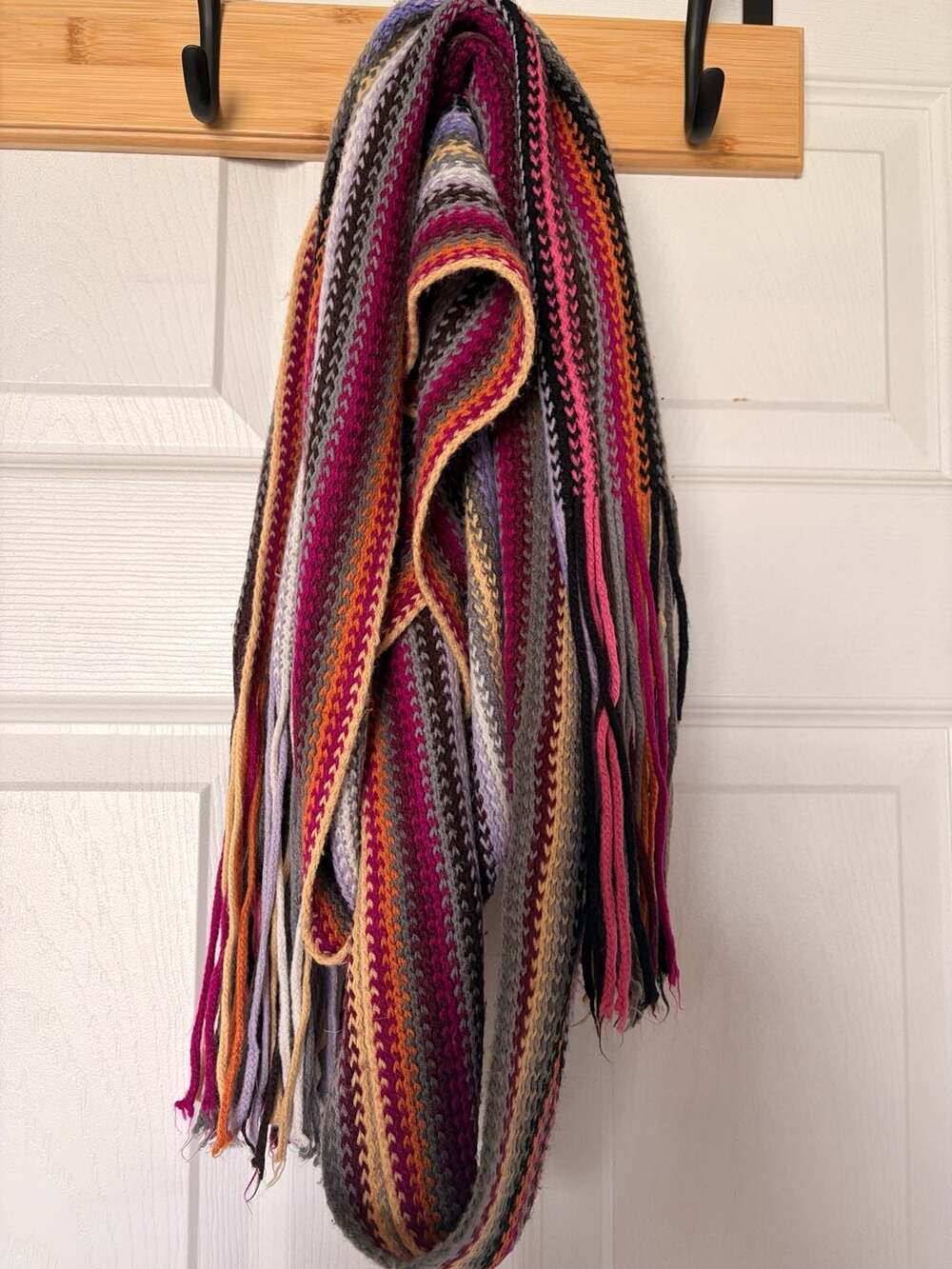 Multi-Color Vertical Striped Knit Scarf with Fringe